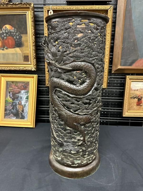 Wonderful Asian bronze umbrella holder with intricate design with dragons, marked on bottom as (1 of 9)