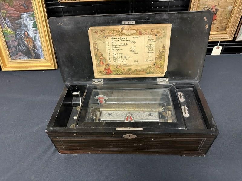 Nice Swiss 19th c music box, in working order, clean well taken care of condition. Measures `8" wide (1 of 9)