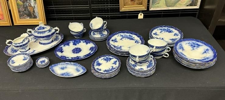 Approx. (75) pc. Estate FLOW BLUE dishes from Hudson Valley ( one with tiny chip ), great lot for (1 of 9)