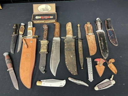 Estate lot older KNIVES, fixed blades, pocket knives, etc. Just as we found them, one appears: Estate lot older KNIVES, fixed blades, pocket knives, etc. Just as we found them, one appears Military. Good lot for dealer to sort out.