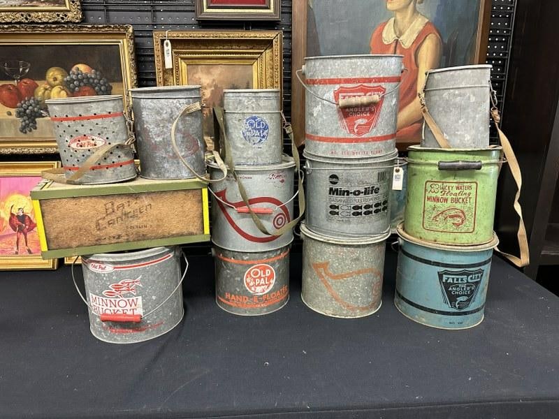 (16) vintage bait buckets & minnow buckets, found in local estate, just as we found them, (1) (1 of 2)