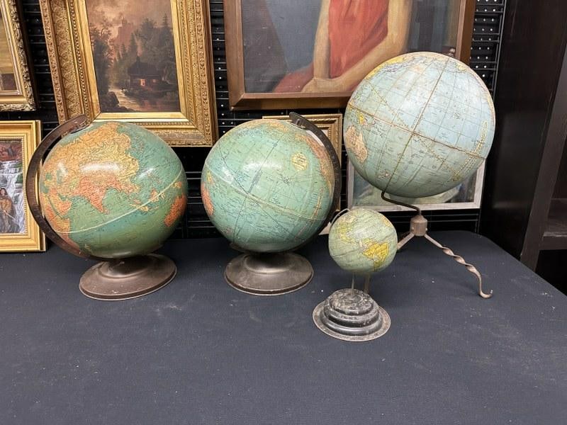 (4) GLOBES from local estate includes (2) 12" STANDARD GLOBES, (1) BOOK OF KNOWLEDE GLOBE and small (1 of 7)