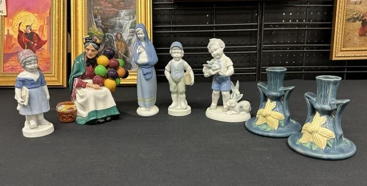 (7) pc. Estate lot to include pair of ROSEVILLE candlesticks, ROYAL DOULTON The Old Balloon Seller, (1 of 6)