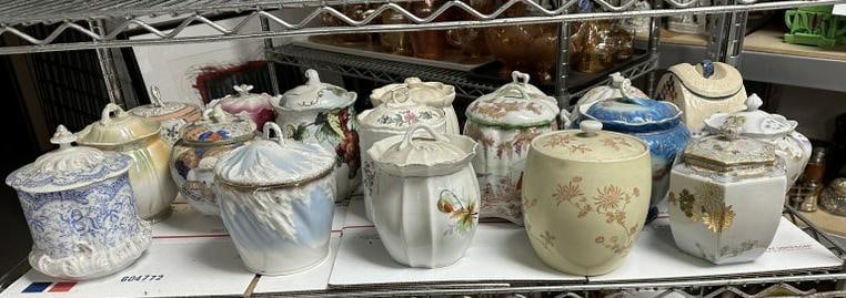 18 old porcelain biscuit jars, good overall condition, from local estate collection, good lot for (1 of 8)