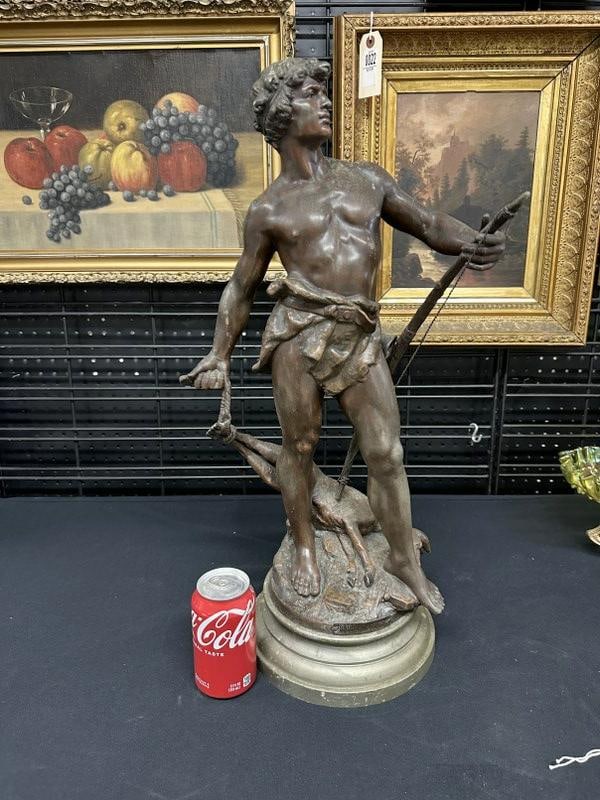 Spelter statue of hunter with deer, in nice estate condition,measures 24 1/2"high, from fine estate (1 of 6)
