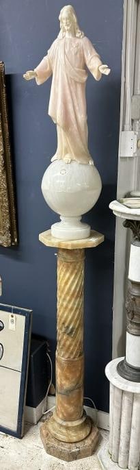Marble pedestal with marble Jesus light attached to top, from fine estate in Chester, New York. The (1 of 7)