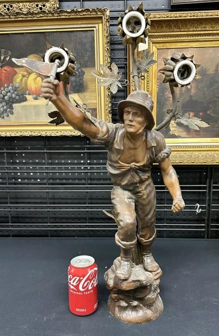 Circa 1900 spelter lamp or newel post lamp of man holding a flag, original finish, has original (3) (1 of 4)