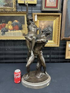 Bronze statue ( THE RAPE OF THE SABINE WOMEN ), from fine estate in Chester, N.Y. On a marble base,: Bronze statue ( THE RAPE OF THE SABINE WOMEN ), from fine estate in Chester, N.Y. On a marble base, in fine condition. Signed on back ( A CAMVA ). Measures 29" high. Nice patina..