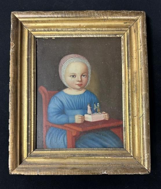 Sweet primitive o/b young child in high chair playing with a toy, in period lemon gilt frame, from (1 of 4)