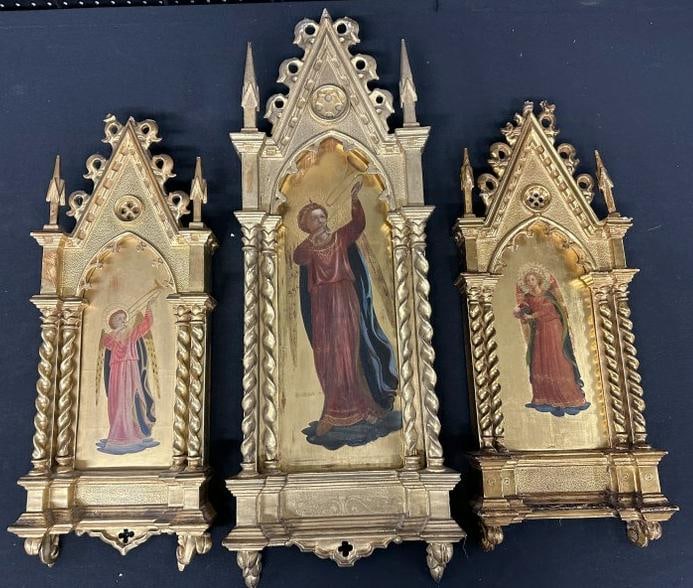 Wonderful (3) pc. Early religious tryptich in fabulous gilt frames, with handpainted figures. All (1 of 15)