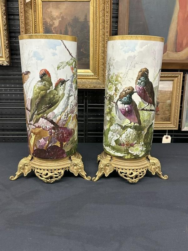 Fine pair handpainted tall porcelain vases on figural elephant heads metal base, both Artist (1 of 10)