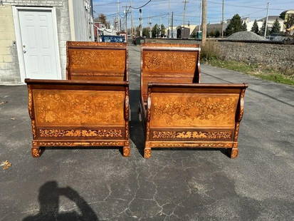 Best pair of DUTCH MARQUETRY beds, with wonderful inlaid headboard, footboard and side rails. In: Best pair of DUTCH MARQUETRY beds, with wonderful inlaid headboard, footboard and side rails. In fine condition, ( inside dimensions measure 76" x 41" - headboard is 52" high - footboard is 38" high -