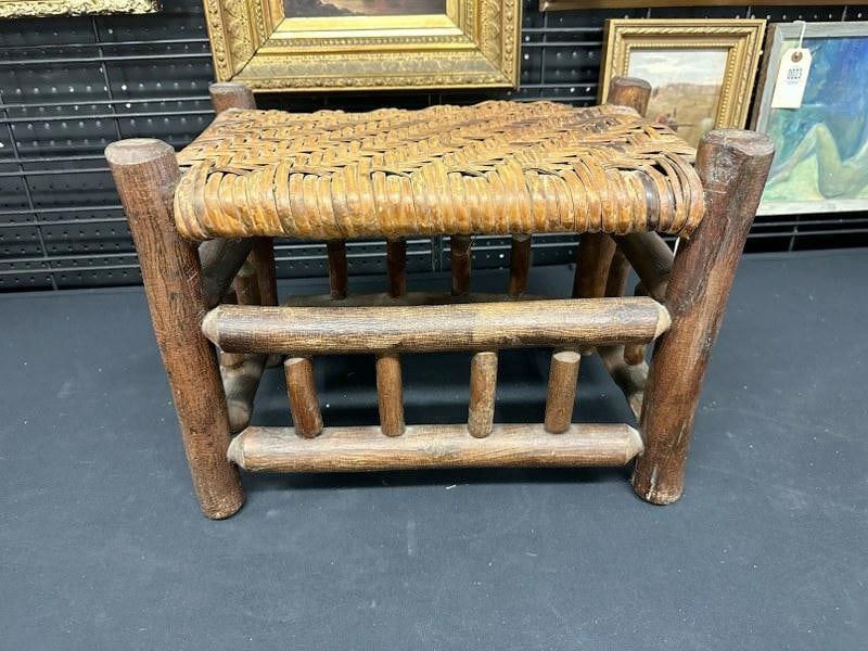 Great Adirondack foot stool in original finish and woven seat, most likely OLD HICKORY, measures 17 (1 of 5)