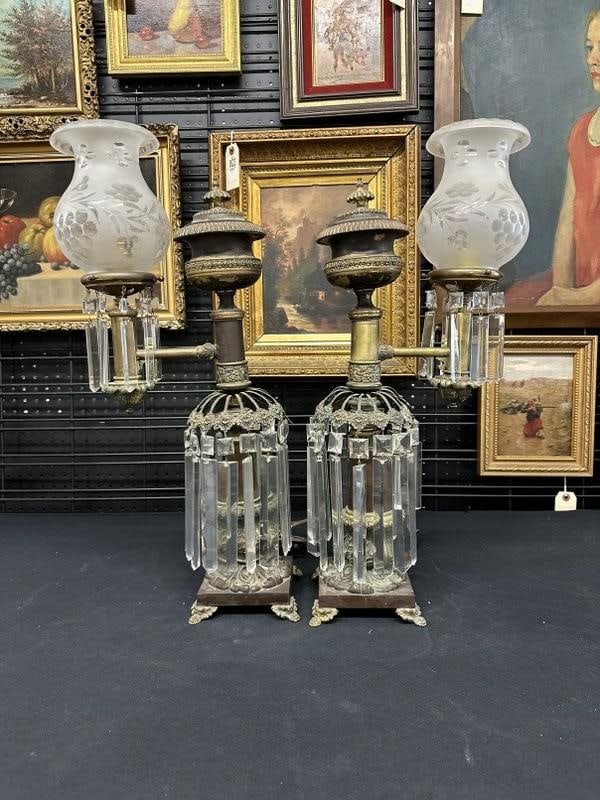 Pair estate found ARGAND lamps, just as we found them, a few loose prisms, a few broken, needs (1 of 10)