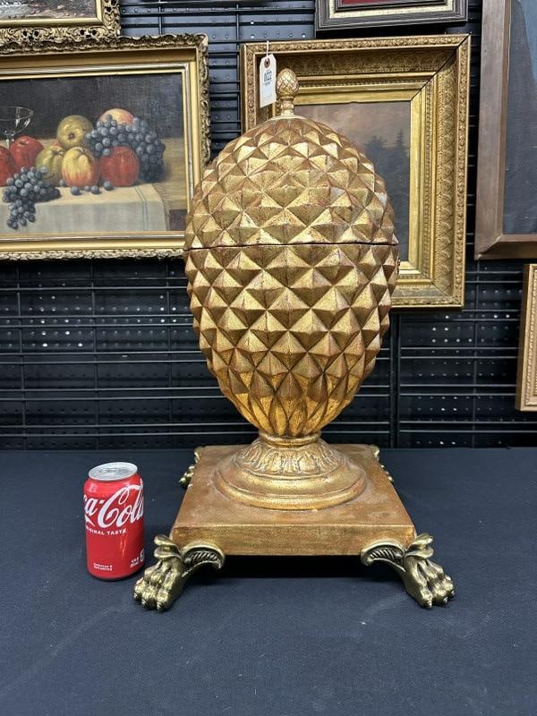MAITLAND SMITH covered gilt pineapple box, with brass claw feet, from fine local estate. A few minor (1 of 8)