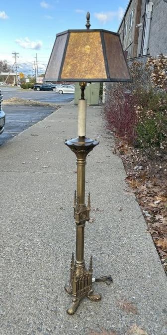 Wonderful old large brass CHURCH candlestick, converted in to floor lamp with mica shade, from fine (1 of 7)