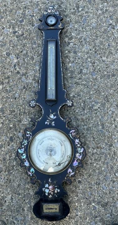 Very nice 19th c papier mache barometer with nicely done mother of pearl inlay, in nice condition (: Very nice 19th c papier mache barometer with nicely done mother of pearl inlay, in nice condition ( the (2) hands are off the dial, but there under the crystal ). From fine NYC estate, measures 38" to