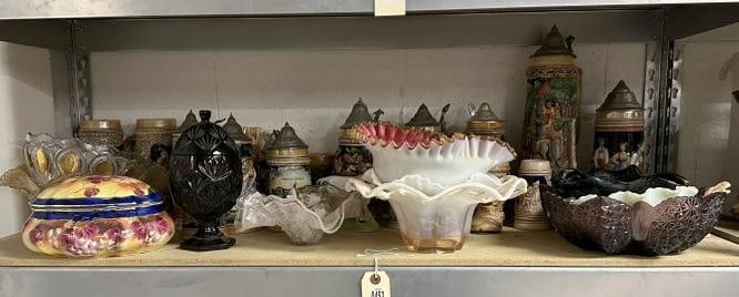 Estate shelf lot of older steins, glassware and porcelains, great lot for dealer to sort out (1 of 10)