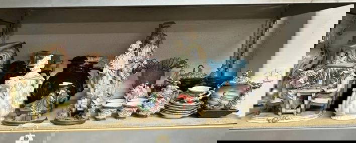 Estate lot of older procelain, glassware and ceramics, including Japanese tea set, bisque figures,: Estate lot of older procelain, glassware and ceramics, including Japanese tea set, bisque figures, cookie jars, etc., great lot for dealer to sort out