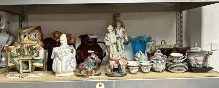 Estate lot of older procelain, glassware and ceramics, including Japanese tea set, bisque figures,: Estate lot of older procelain, glassware and ceramics, including Japanese tea set, bisque figures, cookie jars, etc., great lot for dealer to sort out