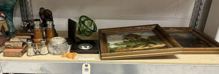 Estate lot of 2 landscape pictures, binoculars, opera glasses, handmade copper napkin rings, disney: Estate lot of 2 landscape pictures, binoculars, opera glasses, handmade copper napkin rings, disney napkin rings, dresser jar with sterling top, great lot for dealer to sort out