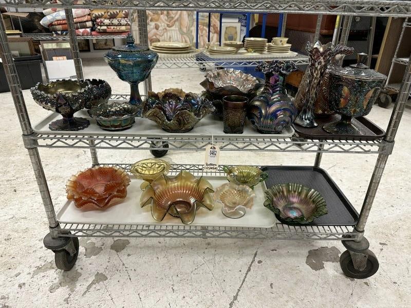 2 shelves of misc carnival glass including bowls, vases, covered dishes, etc., good lot for dealer (1 of 13)