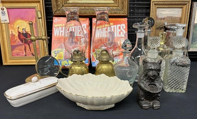 Misc estate lot to include decanters, pr of brass oil lamps, magnifying glass on brass stand and 2 (1 of 8)