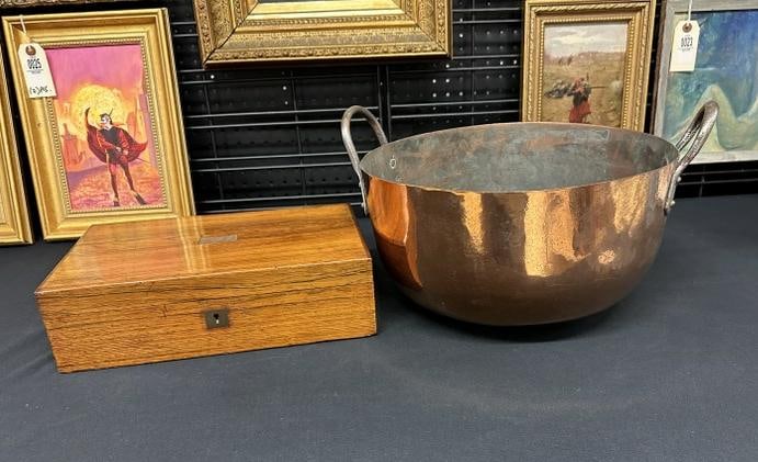 2 pc estate lot including polished copper bowl measuring 8" high X 14" across, and rosewood writing (1 of 9)