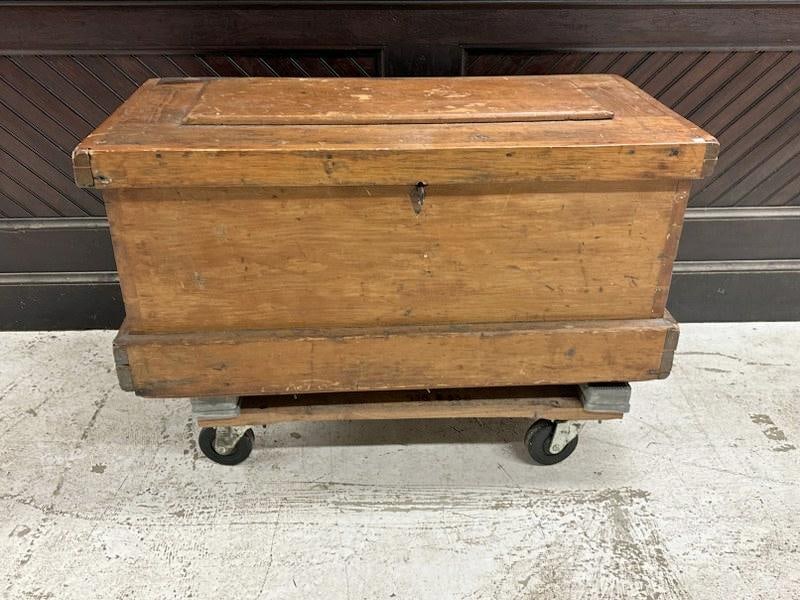 19th c pine dovetailed storage chest, with old blue paint inside, structurally sound, from Hudson (1 of 4)