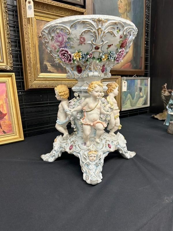 Magnificent Capodimonte porcelain 19 3/4" high compote with (4) baby full figures around the base (1 of 9)