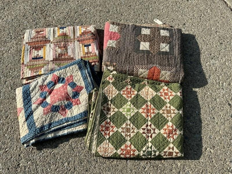 Estate lot of 4 quilts, some with light stains, some tattering on the crazy quilt style, just as we (1 of 7)