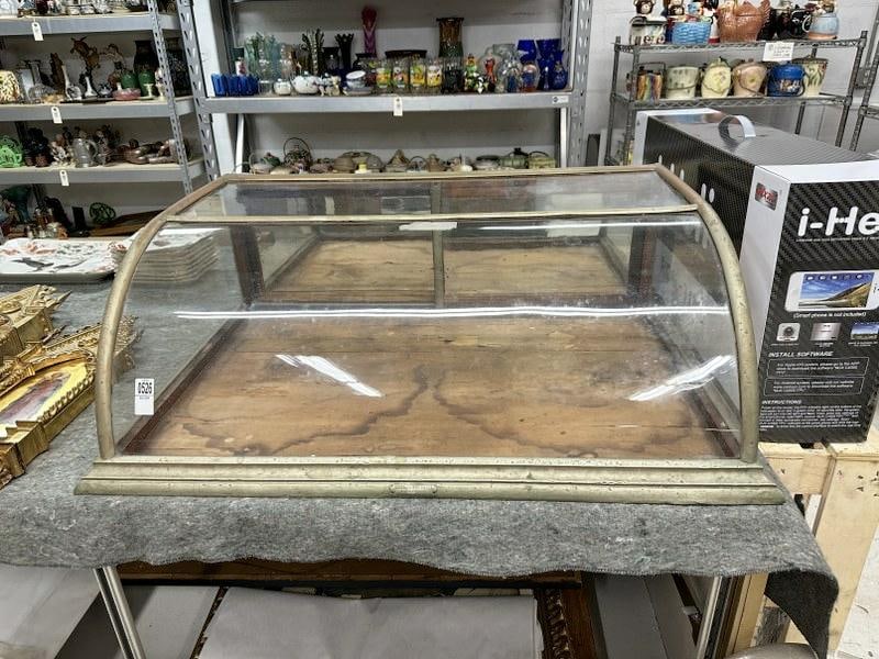 Country store curved glass nickel plated display case, with 2 sliding doors in back, has original (1 of 4)