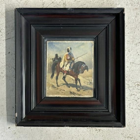 Franz Anton Strassgschwandtner (1826 - 1881) goauche & watercolor on panel of Arabian men on: Franz Anton Strassgschwandtner (1826 - 1881) goauche & watercolor on panel of Arabian men on horseback, signed lower left, with writing and Gallery labels on back as pictured. In original frame of the