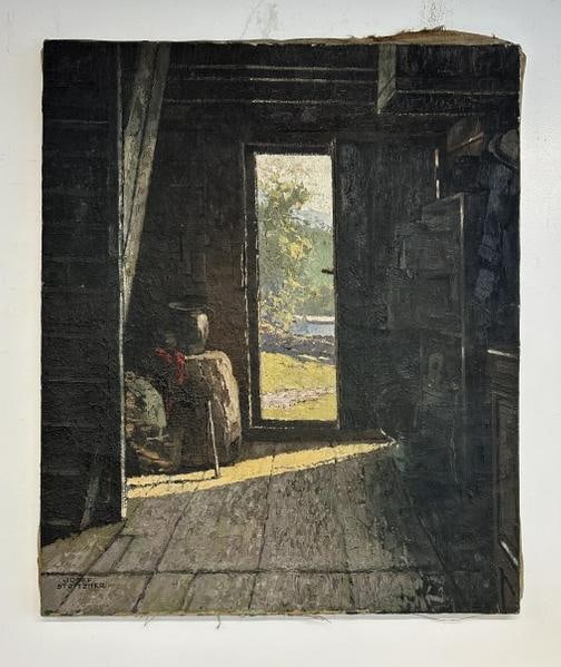 Josef Stoitzner (1911 - 1982) impressionist o/c room interior looking outside through opened door, (1 of 4)