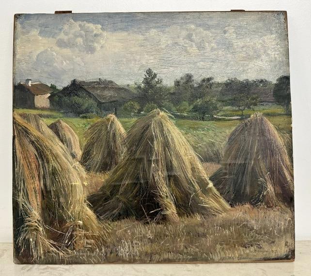 Erich Wagner o/c laid on wood panel landscape with haystcks, dated 1919. In very nice estate (1 of 5)