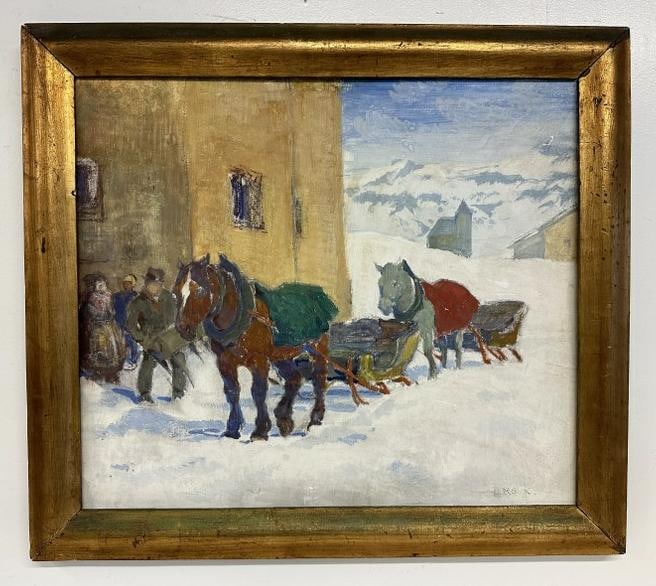 Oswald Roux (1880 - 1960) impressionist gouache on wood panel landscape winter scene with people and (1 of 6)