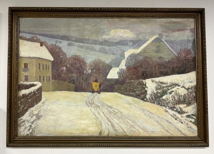 Max Kahrer (1878 - 1937 ) impressionist o/c large winter landscape with horse drawn wagon, buildings (1 of 4)