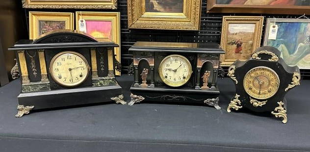 (3) estate mantel clocks, running , pendulums intact, no keys, from local estate, and well taken: (3) estate mantel clocks, running , pendulums intact, no keys, from local estate, and well taken care of. Includes iron body ANSONIA on right side, SESSIONS in the center and INGRAHAM on left side. Go