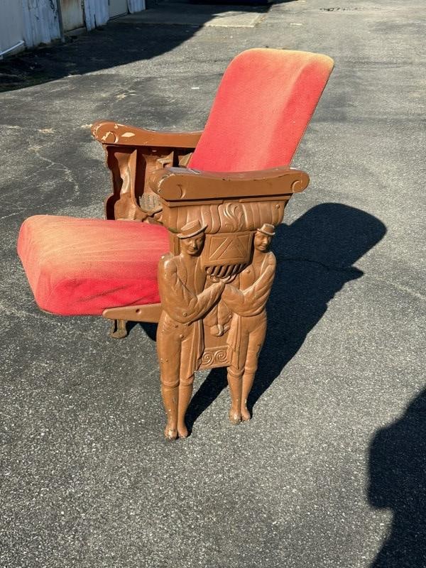 Wonderful circa 1910 theater seat with figures on the sides, as pictured. Found in attic of estate: Wonderful circa 1910 theater seat with figures on the sides, as pictured. Found in attic of estate in Highland, N.Y.