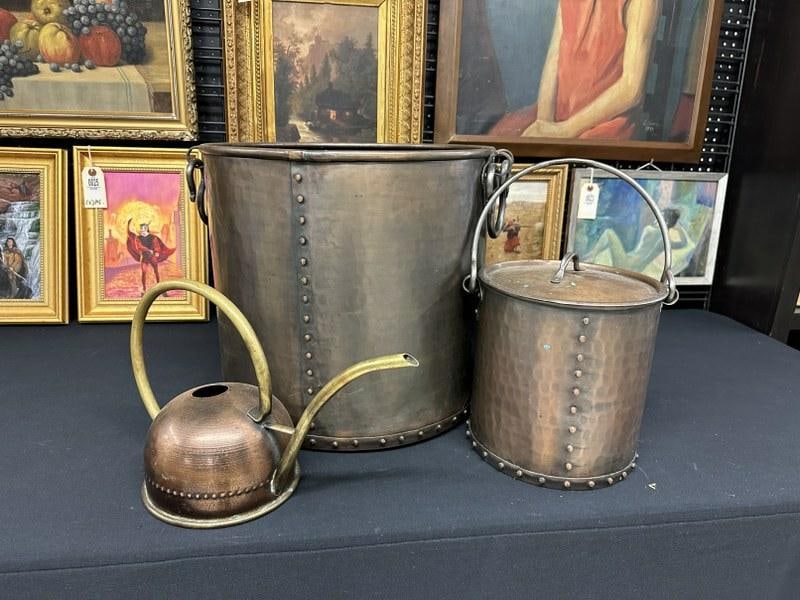 (3) pc. ( not antique ) decorative copper lot, from local home in Hudson Valley. Largest pot with (1 of 2)