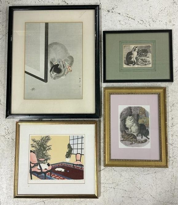 (5) CAT prints to include English wood cut circa 1853 by C. Wendt, 19th c hand colored engraving in (1 of 8)