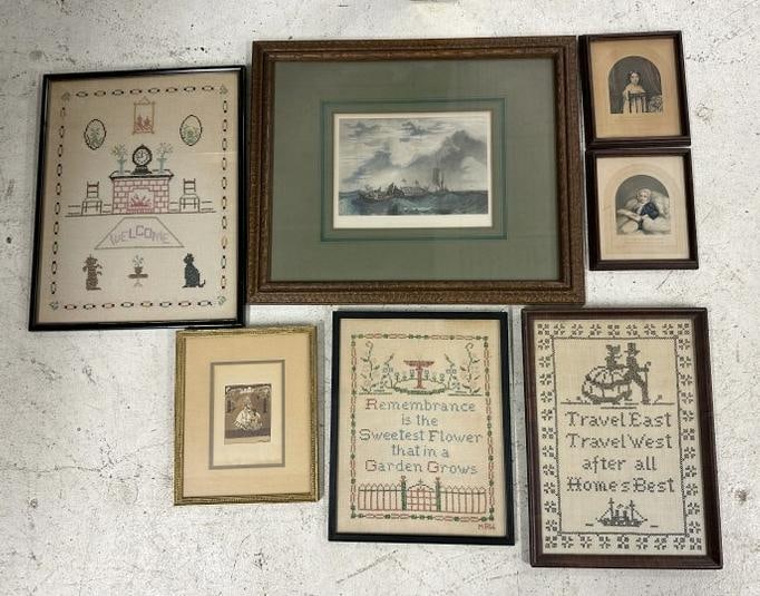 (7) pc. Framed estate lot, from NYC estate, includes (3) handstitched sayings, (4) smaller prints & (1 of 7)