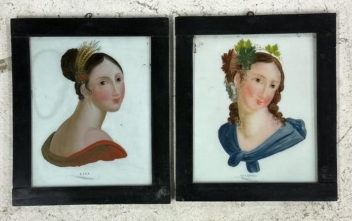 Pair 19th c reverse painted portraits of women ( ESTA & AUTUNNO ) in early black frames, some light (1 of 4)