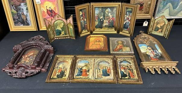 Icon group from Hudson Valley estate, most all contemporary except one handpainted of Mary & Jesus: Icon group from Hudson Valley estate, most all contemporary except one handpainted of Mary & Jesus with paint flaking. Just as we found them, good lot for dealer to sort…