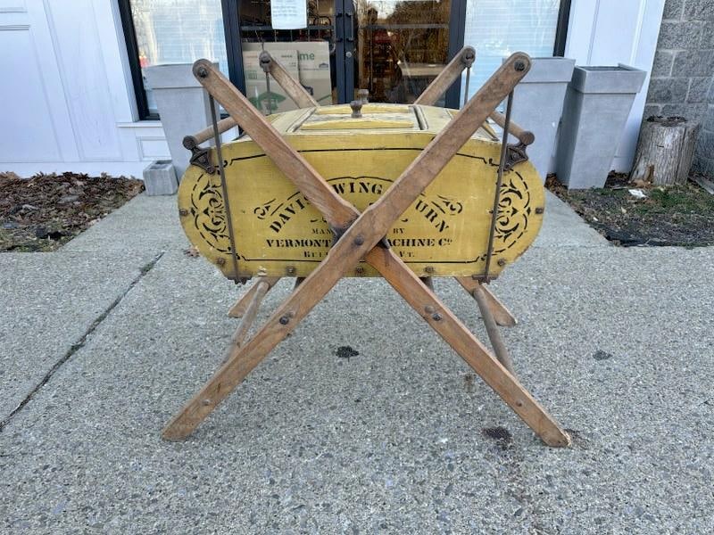 Great old DAVIS SWING CHURN in original mustard paint with stenciling on both sides, and top. With (1 of 5)