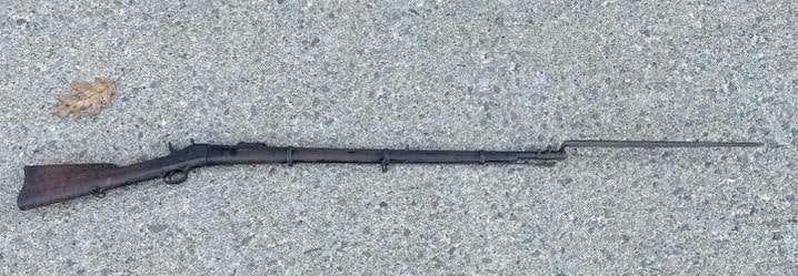 Civil War era rifle with bayonet, found hanging in Hudson Valley estate in Stone Ridge, N.Y. Just as: Civil War era rifle with bayonet, found hanging in Hudson Valley estate in Stone Ridge, N.Y. Just as we found it, I can't see a Makers name or mark. With the bayonet it measures approx. 68" long, the 
