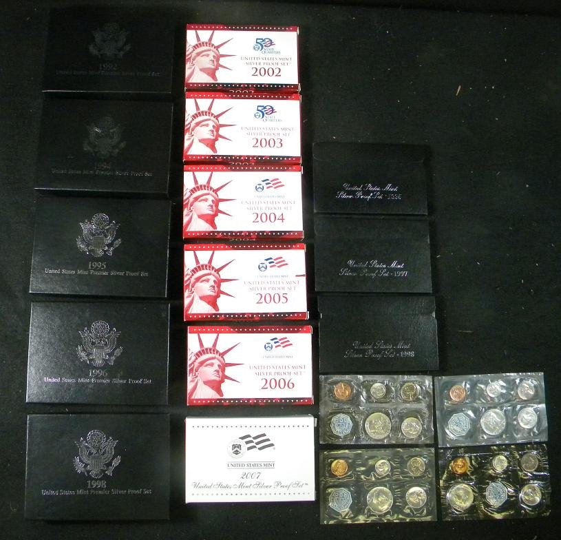 ( 18 ) U S SILVER PROOF SETS 1957-2007 Incl. Premi: ( 18 ) U S SILVER PROOF SETS 1957-2007 Incl. Premier Sets. Includes 4 US MINT SETS IN PLASTIC ( 3-1964 & 1 1957 )- U S MINT SILVER PROOF SETS ( 2002,2003, 2004, 2005, 2006, 2007 )- 5 U S MINT PREMIER 