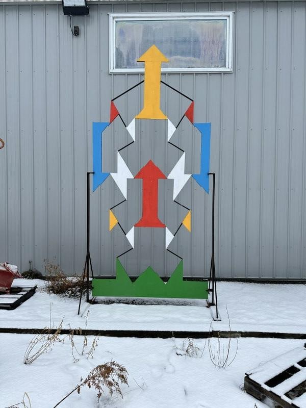 "African Sun" abstract outdoor sculpture by Glen Mayo. 1/2" steel plate with oil paint on one side. (1 of 2)