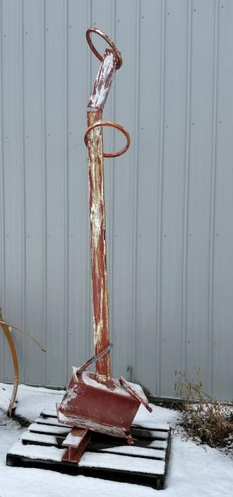 "Ring Balance" abstract metal sculpture by Glen Mayo. Iron c-chanel, i-beams, and other with: "Ring Balance" abstract metal sculpture by Glen Mayo. Iron c-chanel, i-beams, and other with deconstructed oil paint finish. Approximate measurements 115" x 27" x 25". From the estate of Glen Mayo. *