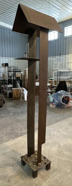 "Rest Stop" mixed media sculpture by Glen Mayo. Made of marble, stainless steel, and iron plate. (1 of 4)